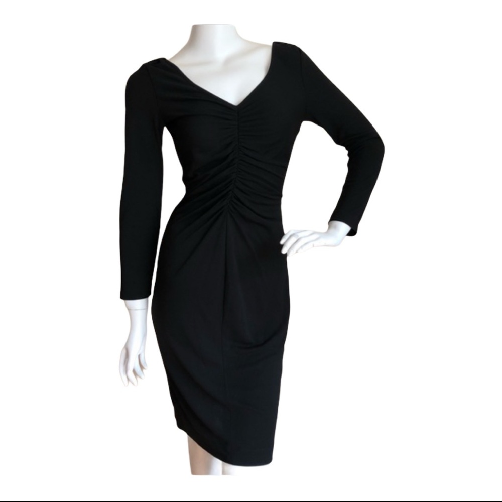 St. John Black Ruched V-Neck Long Sleeve Dress